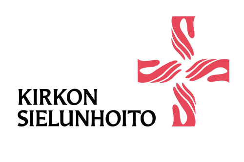 Teksti Kirkon sielunhoito ja risti-logo, jossa neljä kättä muodostaa ristin.