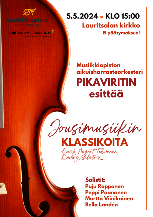 Konsertin juliste, jossa kuva viulusta sekä tapahtuman tiedot