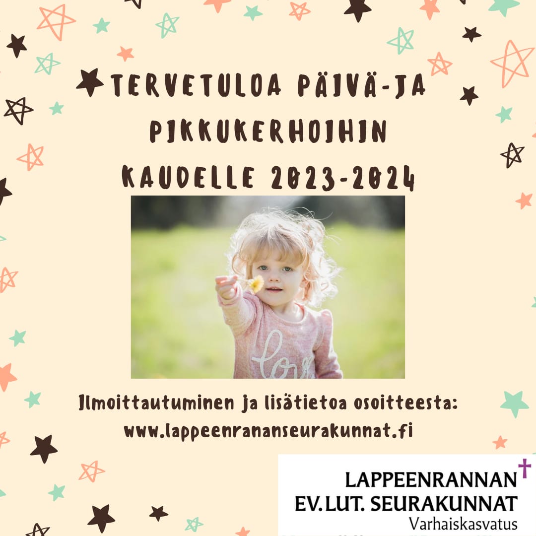 Tervetuloa päivä- ja pikkukerhoihin kaudelle 2023-2024
Ilmoittaudu : www.lappeenrannanseurakunnat.fi