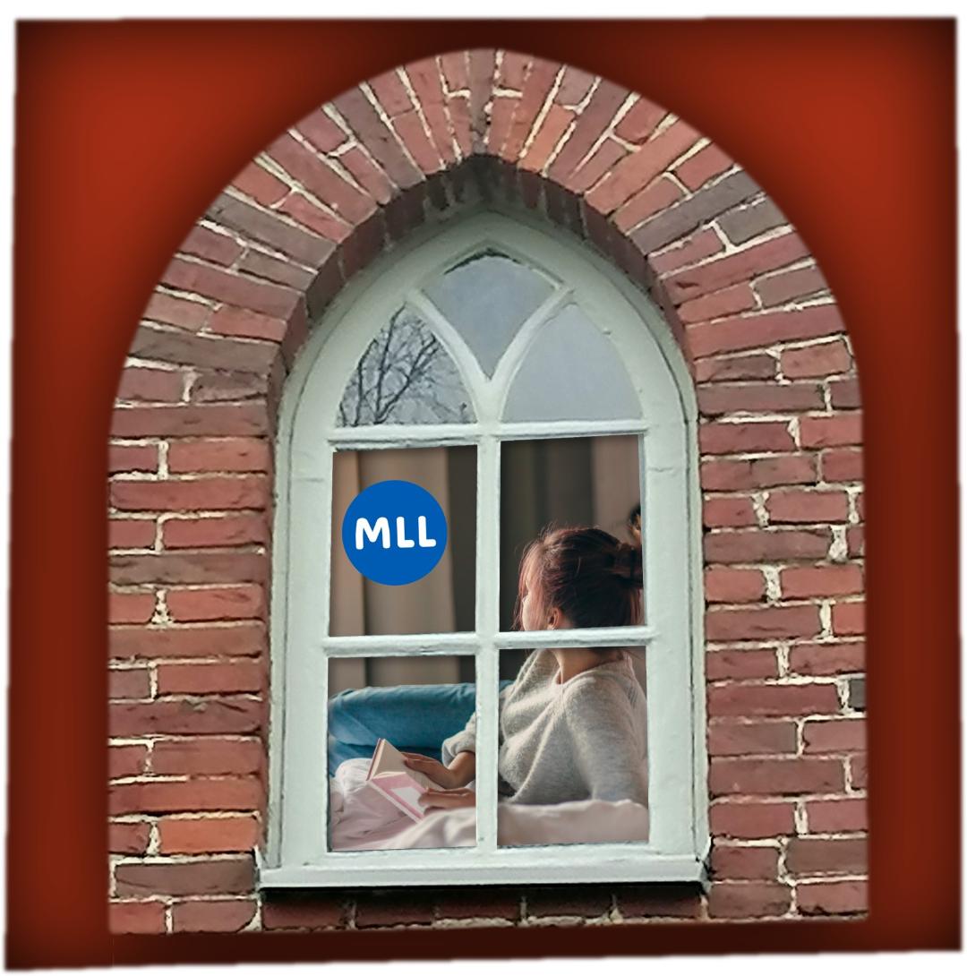 Luukku jossa MLL logo ja tyttö lukee kirjaa