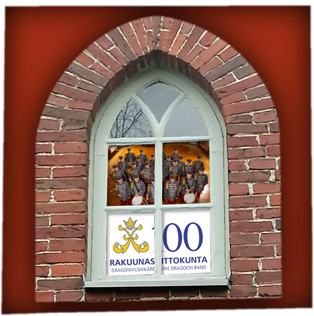 Ikkuna, jossa Rakuunasoittokunnan kuva ja logo