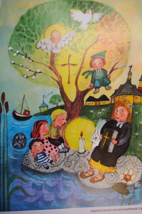 Heli Pukin tekemä pyhäkoulukortti, jossa lapset kokoontuneet puun alle pyhäkouluun.