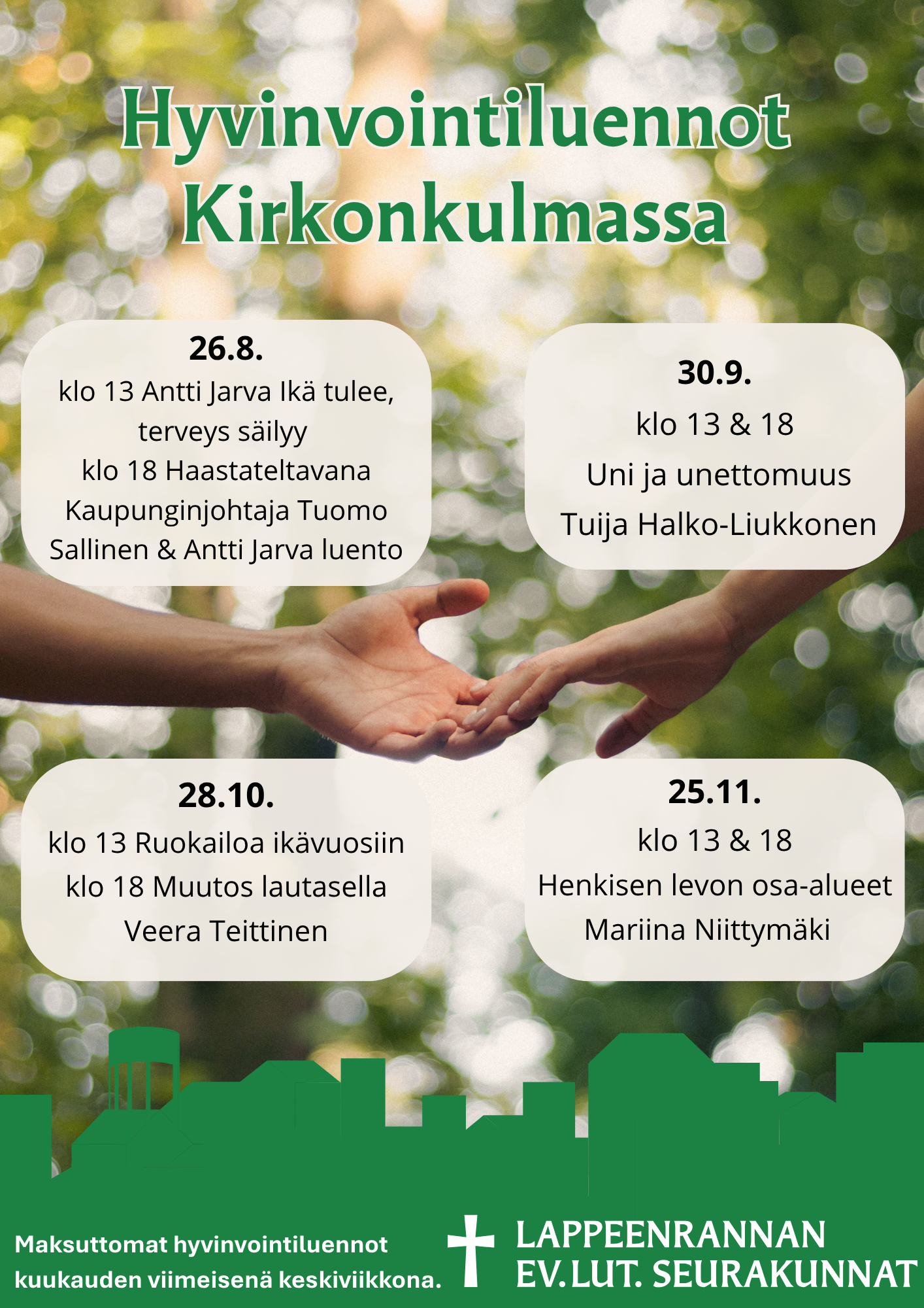 Mainos hyvinvointiluennoista. Kaksi kättä kurottaa toisiaan