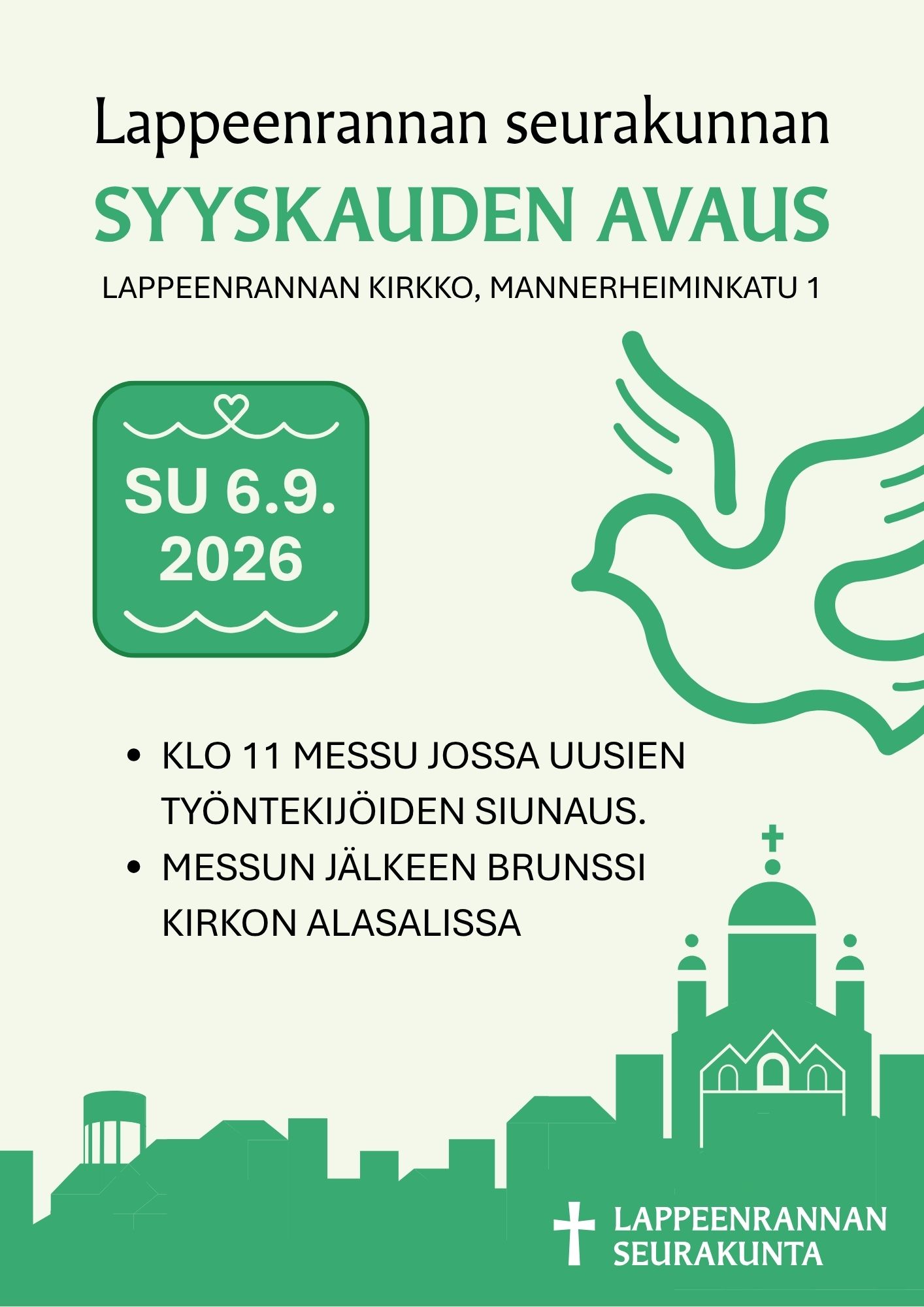 piirretty kuva kyyhkynen ja teksteinä messu ja brunssi