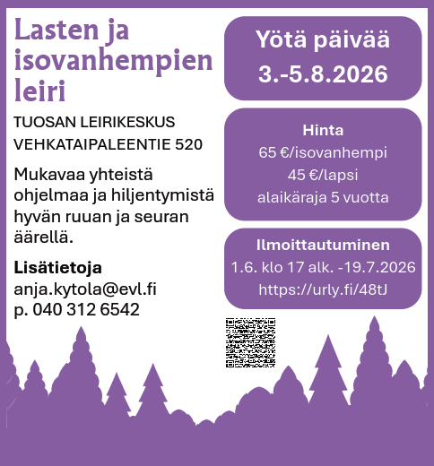 Mainos lasten ja isovanhempien leiristä 3.-5.8. Tuosan leirikeskuksessa