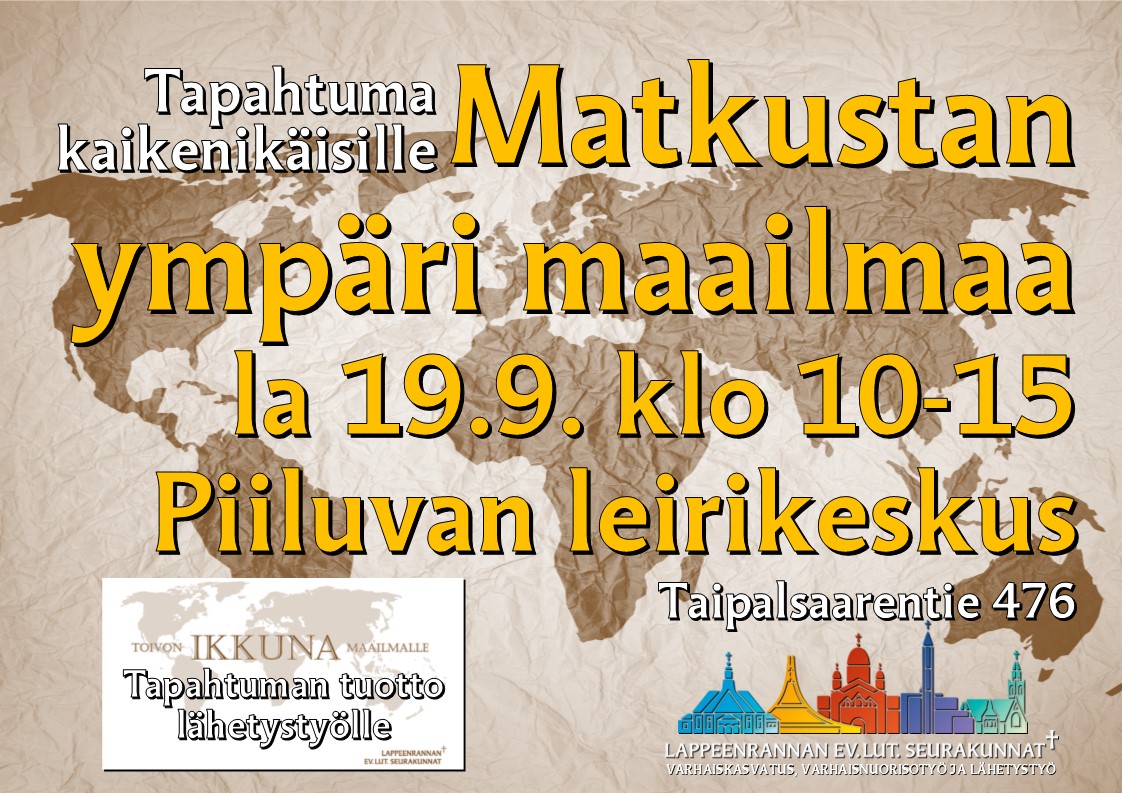 Matkustan ympäri maailmaa Matkustan ympäri maailmaa mainos, jossa taustalla maailman kartta.
