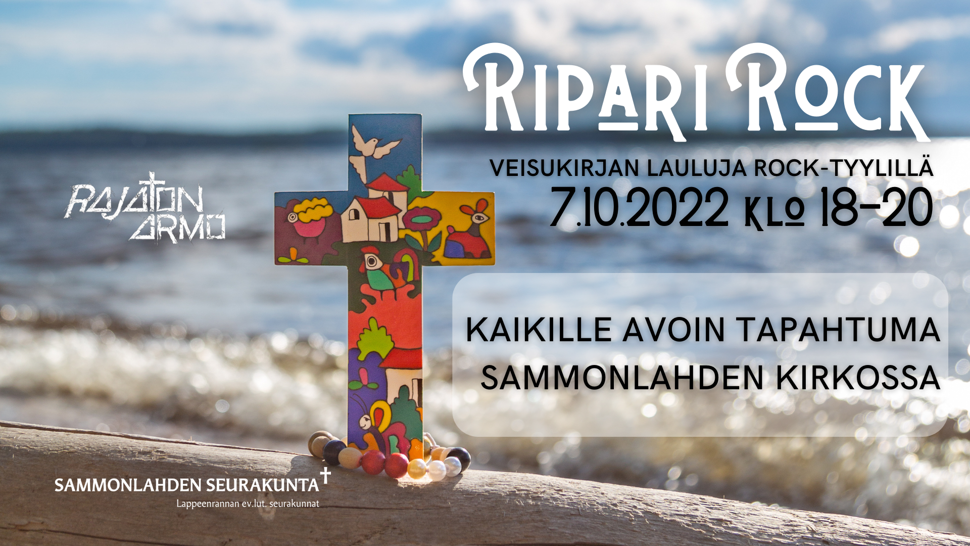 Bändin nimi Rajaton Armo valkoisella tekstillä mustaa taustaa vasten. Teksti on hajoileva ja t-kirjain on ristin muotoinen.