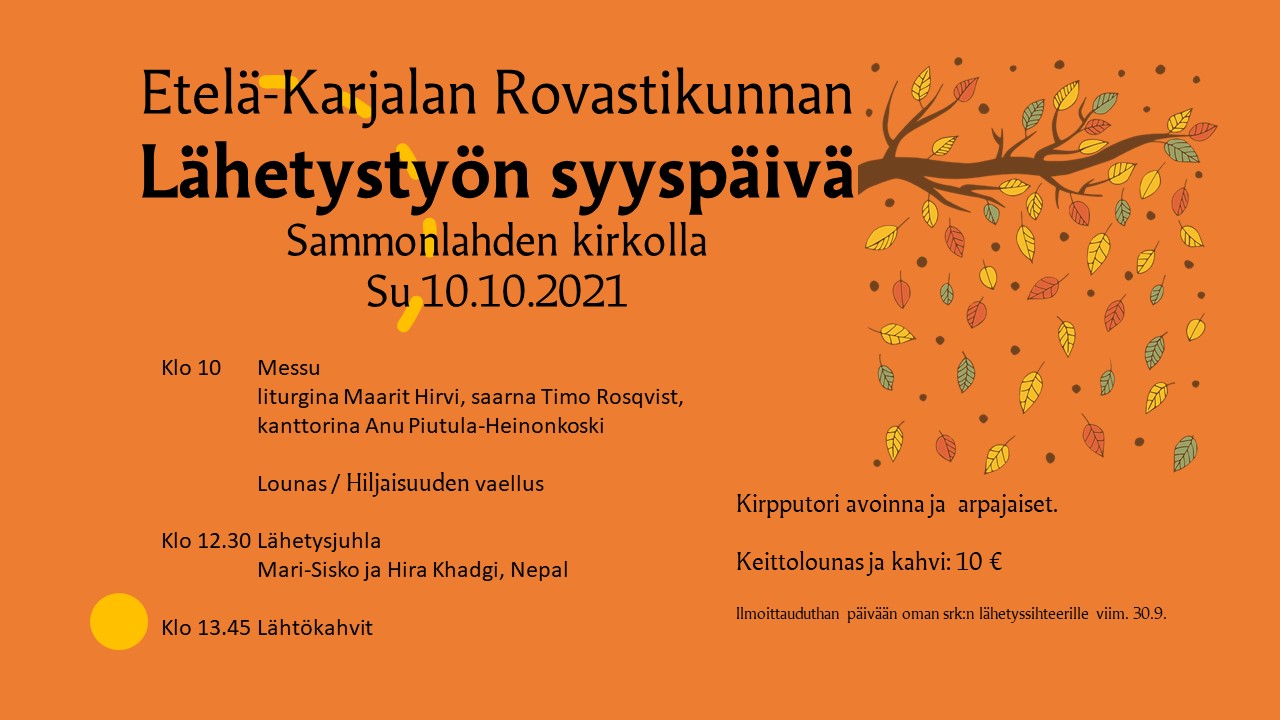 Lähetystyön syyspäivä oranssilla pohjalla teksti, puun oksasta varisee lehtiä