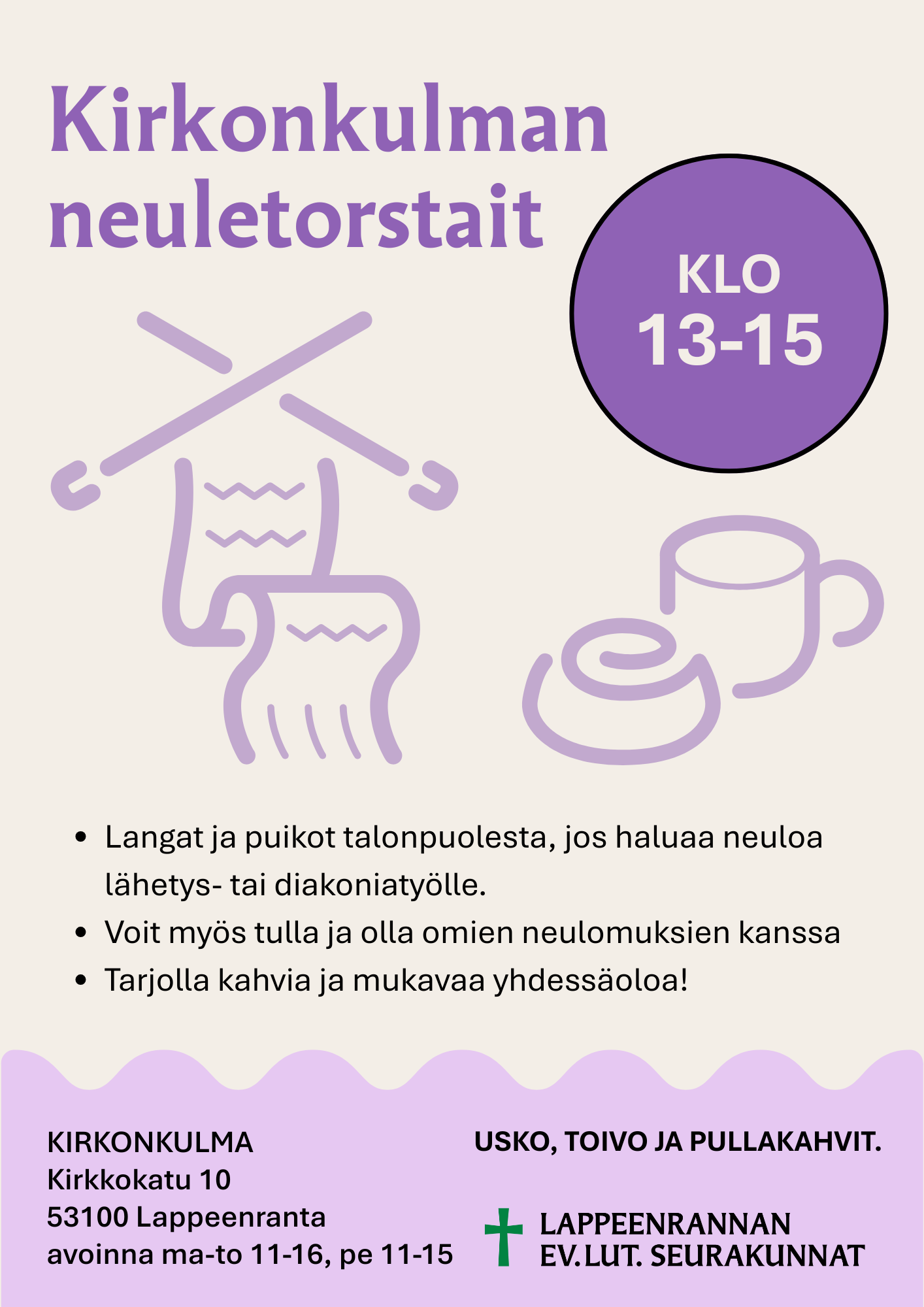 piirretty neulepuikot ja kahvikuppi ja korvapuusti
