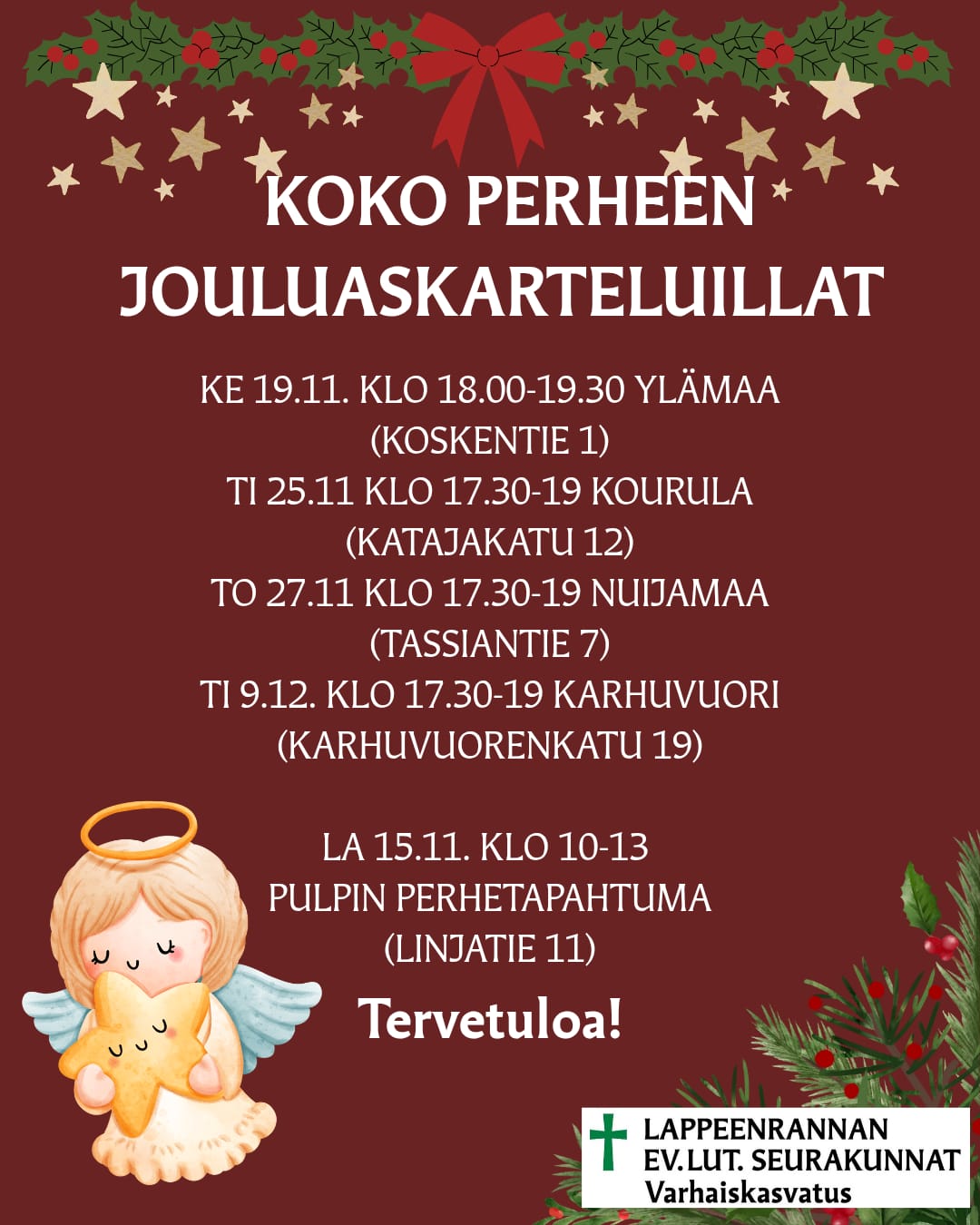 Koko perheen jouluaskarteluillat Lappeenrannan seurakunnissa.