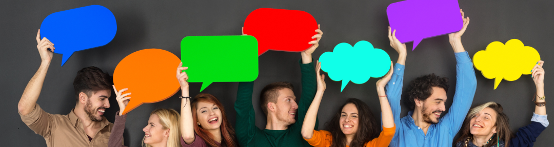 People holding speech bubbles of different colors